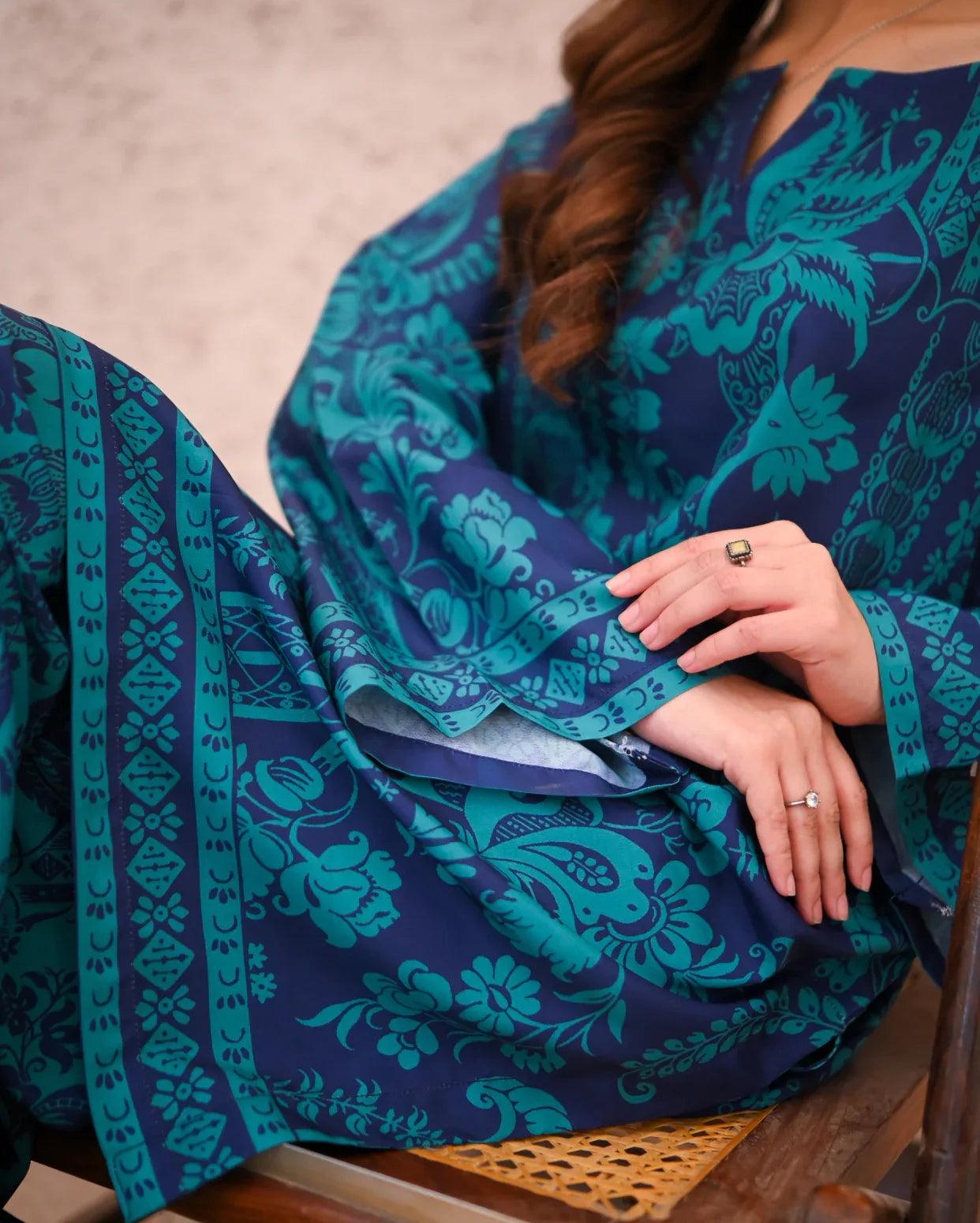 close up on the details of print of dress.