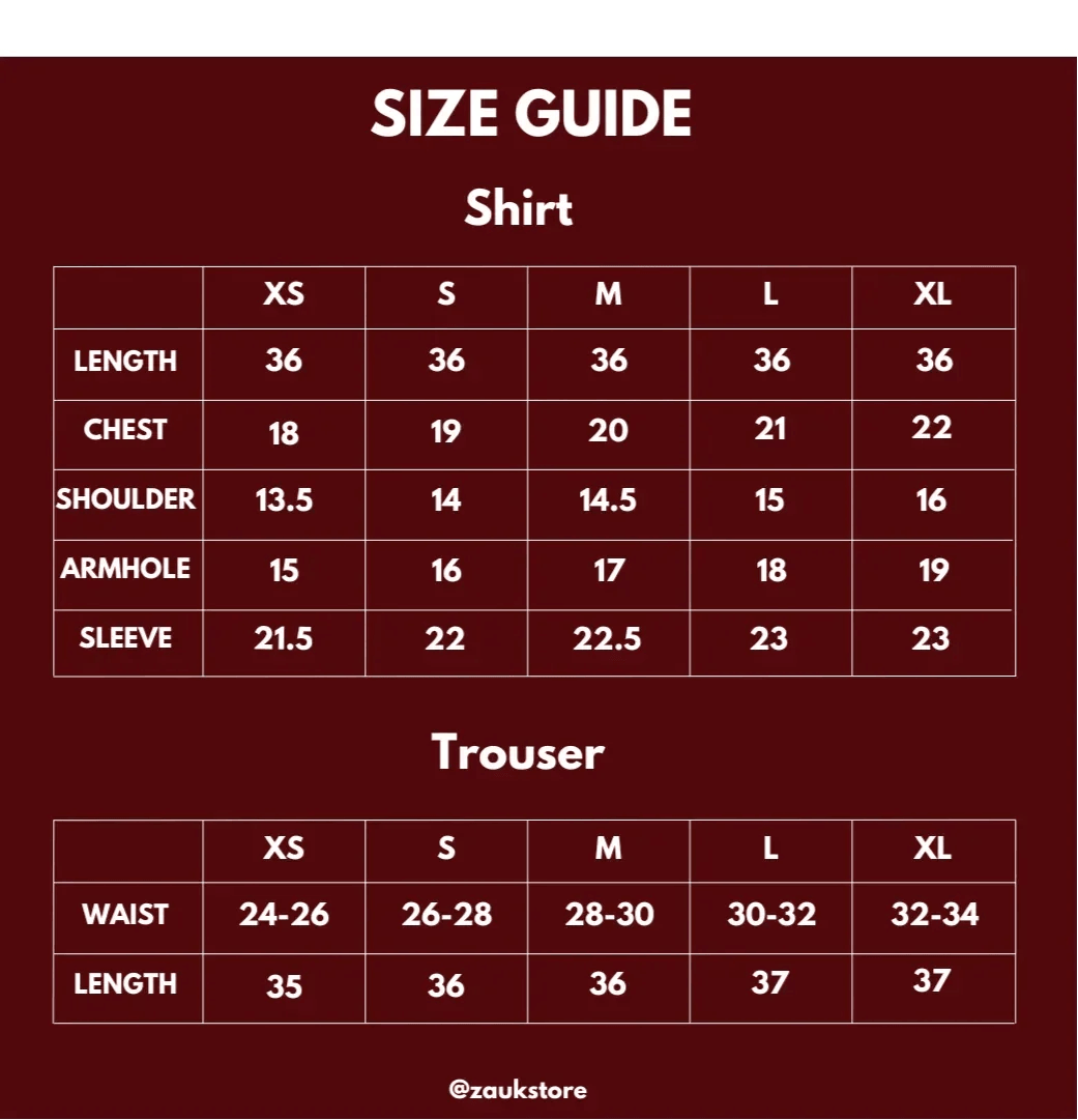 Size guide for shirts and trousers with measurements in inches on a red background.