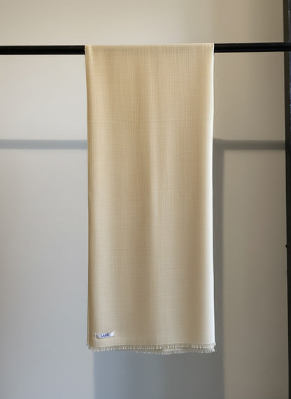 Beige scarf hanging on a black rack against a white wall