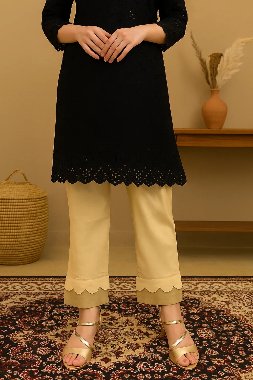 Person wearing a black top and beige trouser with a decorative hem on a patterned rug.