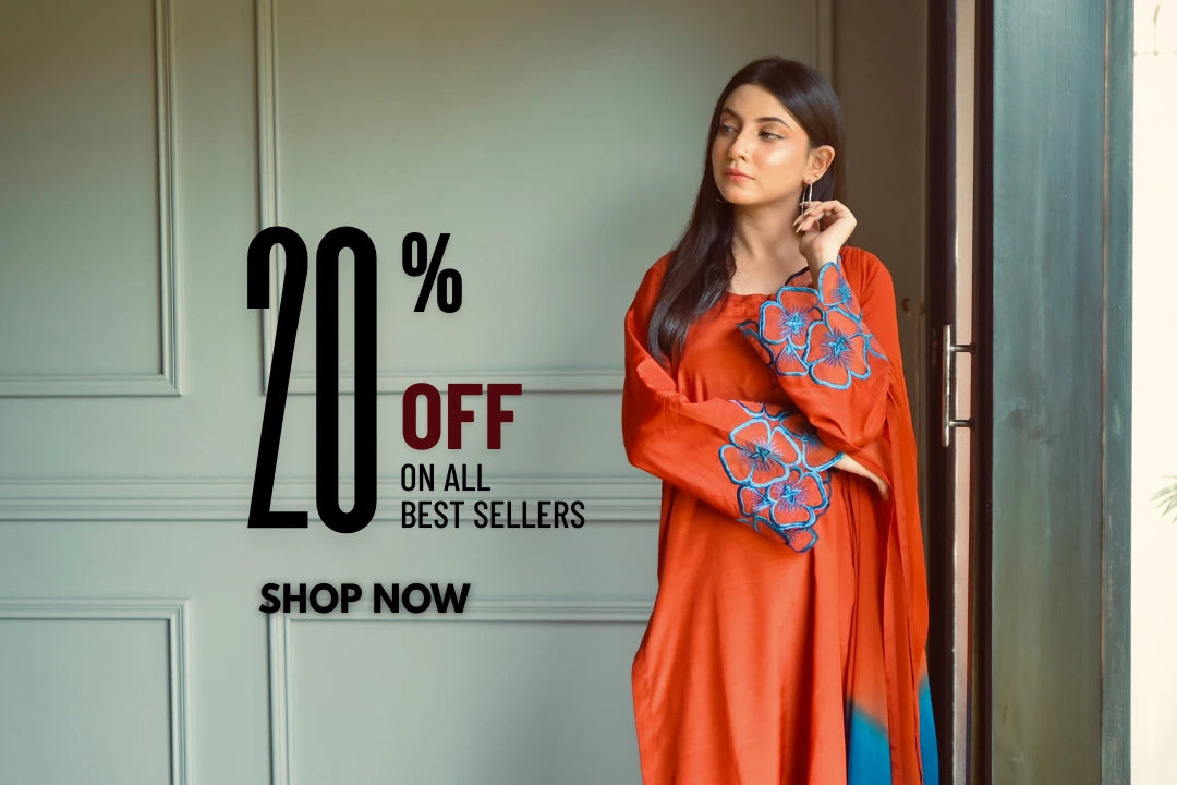 Woman in an orange traditional outfit with floral patterns, standing in a doorway with promotional text for a discount on best sellers.