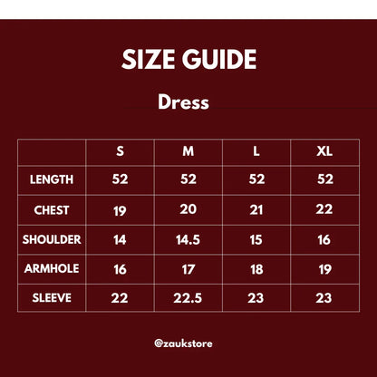 Size guide for a dress on a dark red background with measurements in centimeters.