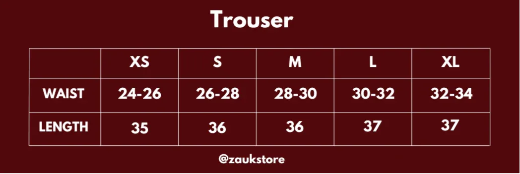 Trouser size chart with waist and length measurements on a red background