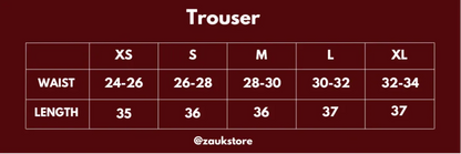 Trouser size chart with waist and length measurements on a red background