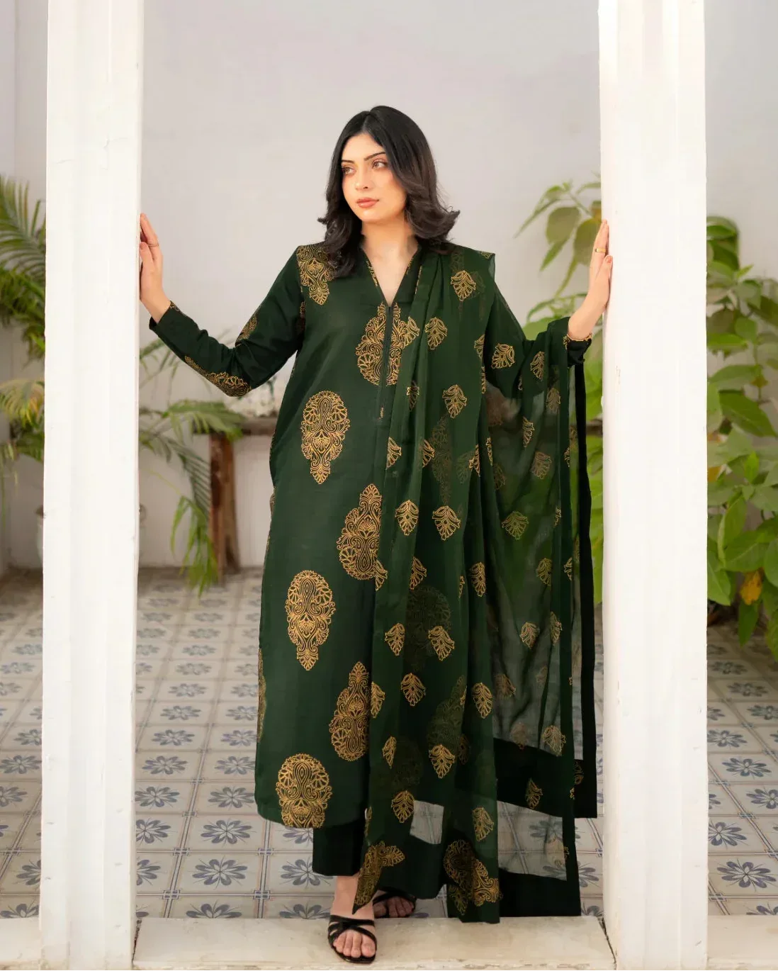 bottle green traditional dress Readymade Bottle Green Embroidered Cotton Gown Latest 342GW03