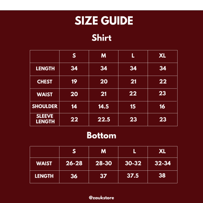 a size chart of shirt and trouser on red background with measurements in inches.