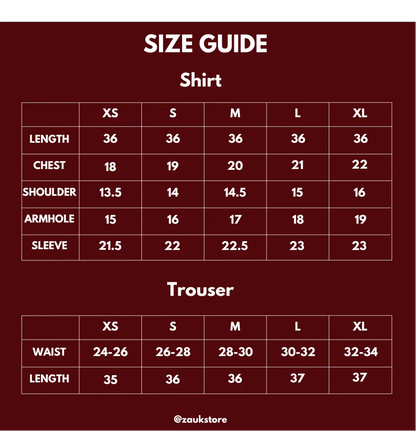 size chart of shirt and trouser.