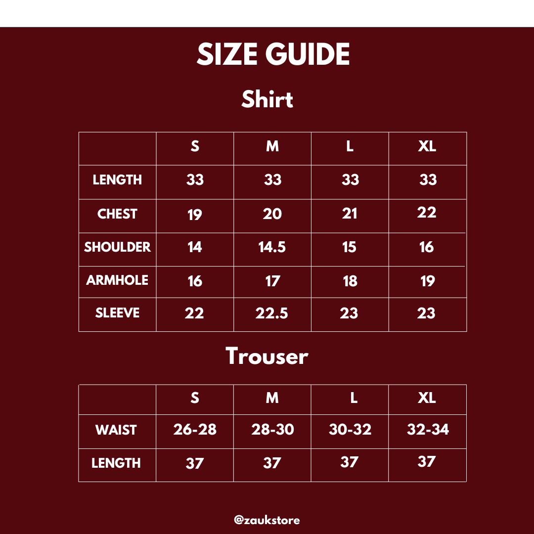 Size guide for shirts and trousers with measurements on a dark red background.