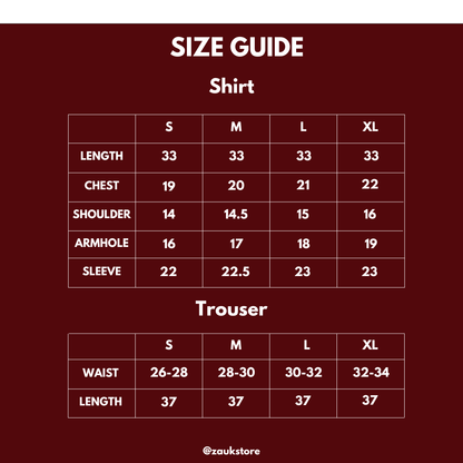 Size guide for shirts and trousers with measurements on a dark red background.