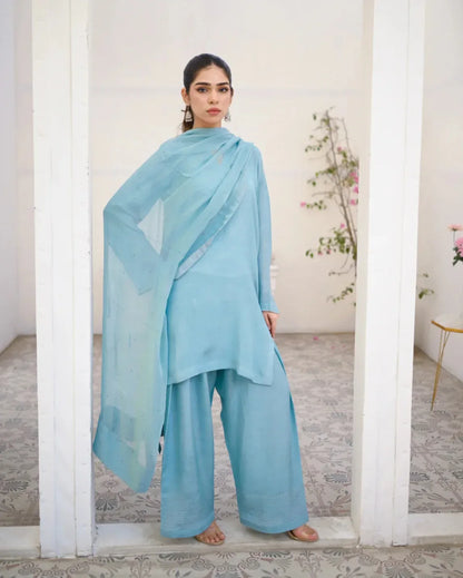 A woman wearing a Sky Blue three piece rawsilk dress which includes a farshi shalwar kameez with chiffon dupatta. The dress is embellished with stone details.