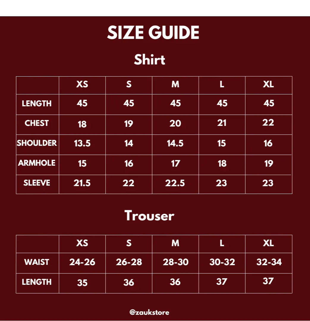 Size guide for shirts and trousers with measurements on a red background.