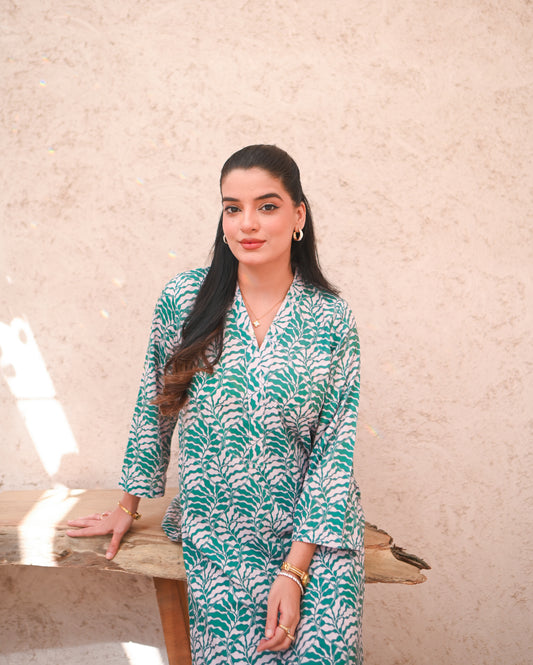 Women wearing a printed green and beige color two piece dress.