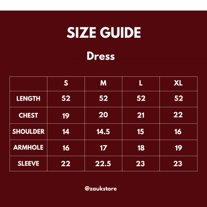 Size guide for a dress on a dark red background with measurements in inches.