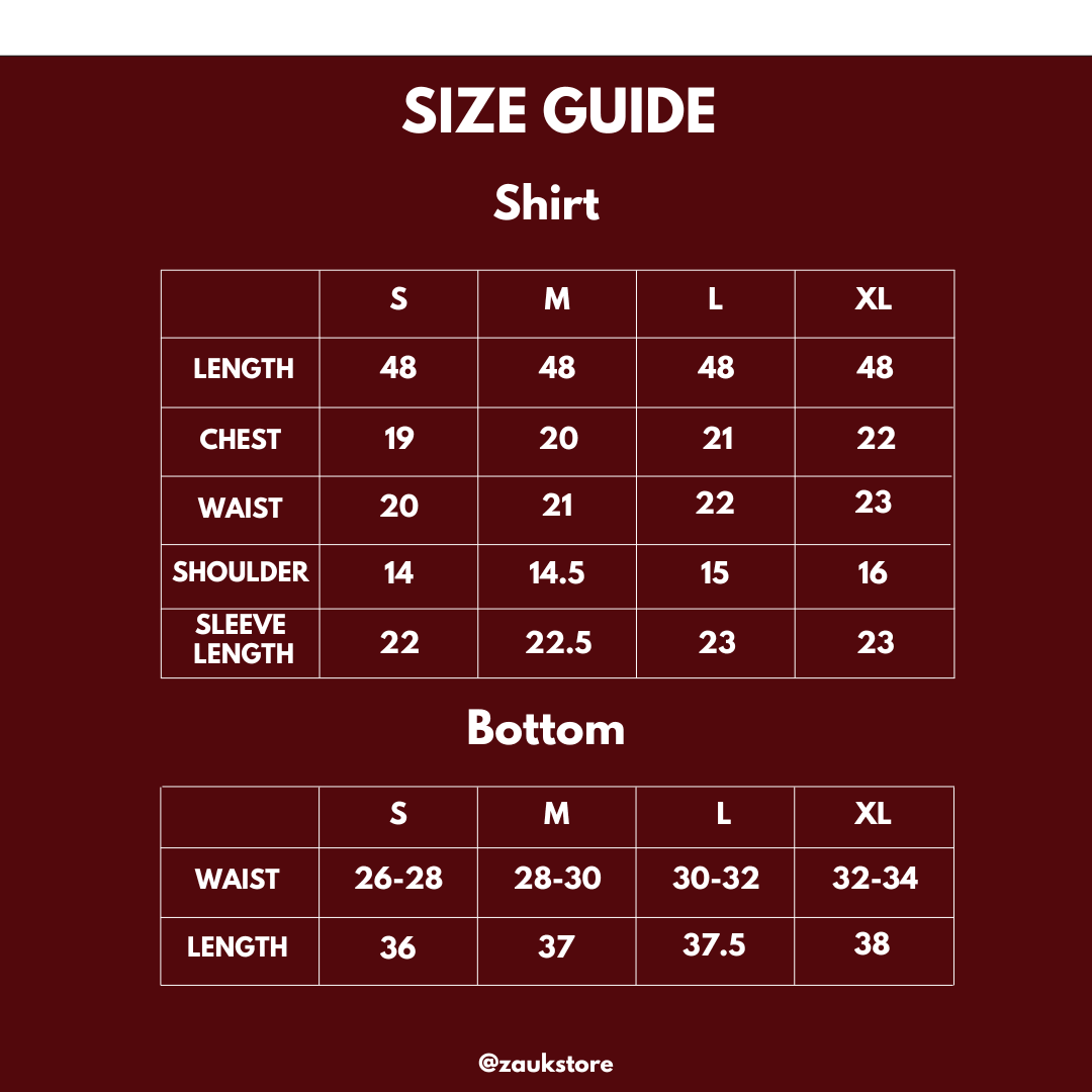 A size guide chart for apparel showing measurements for shirts and bottoms in sizes S, M, L, and XL on a dark red background. The top section lists shirt measurements including length, chest, waist, shoulder, and sleeve length, and the bottom section lists bottom measurements including waist and length.
