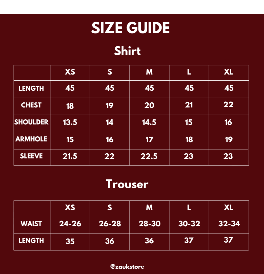 Size chart of a shirt and trouser.