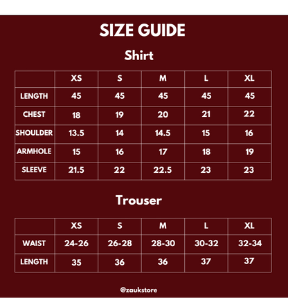 Size chart of a shirt and trouser.