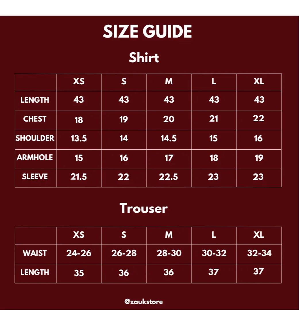 Size chart of a Shirt and Trouser.