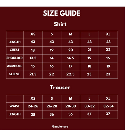 Size chart of a Shirt and Trouser.