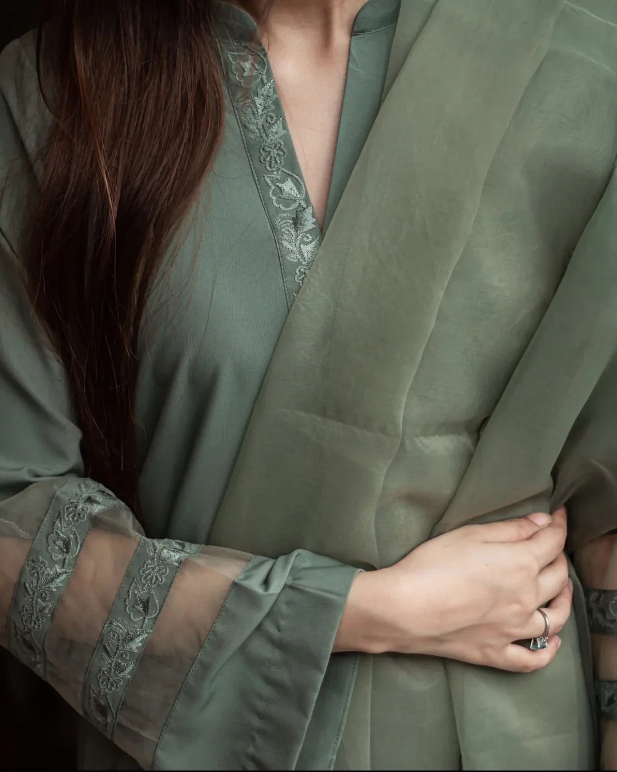 Olive Green Embroidered Georgette Pret 3Pcs M