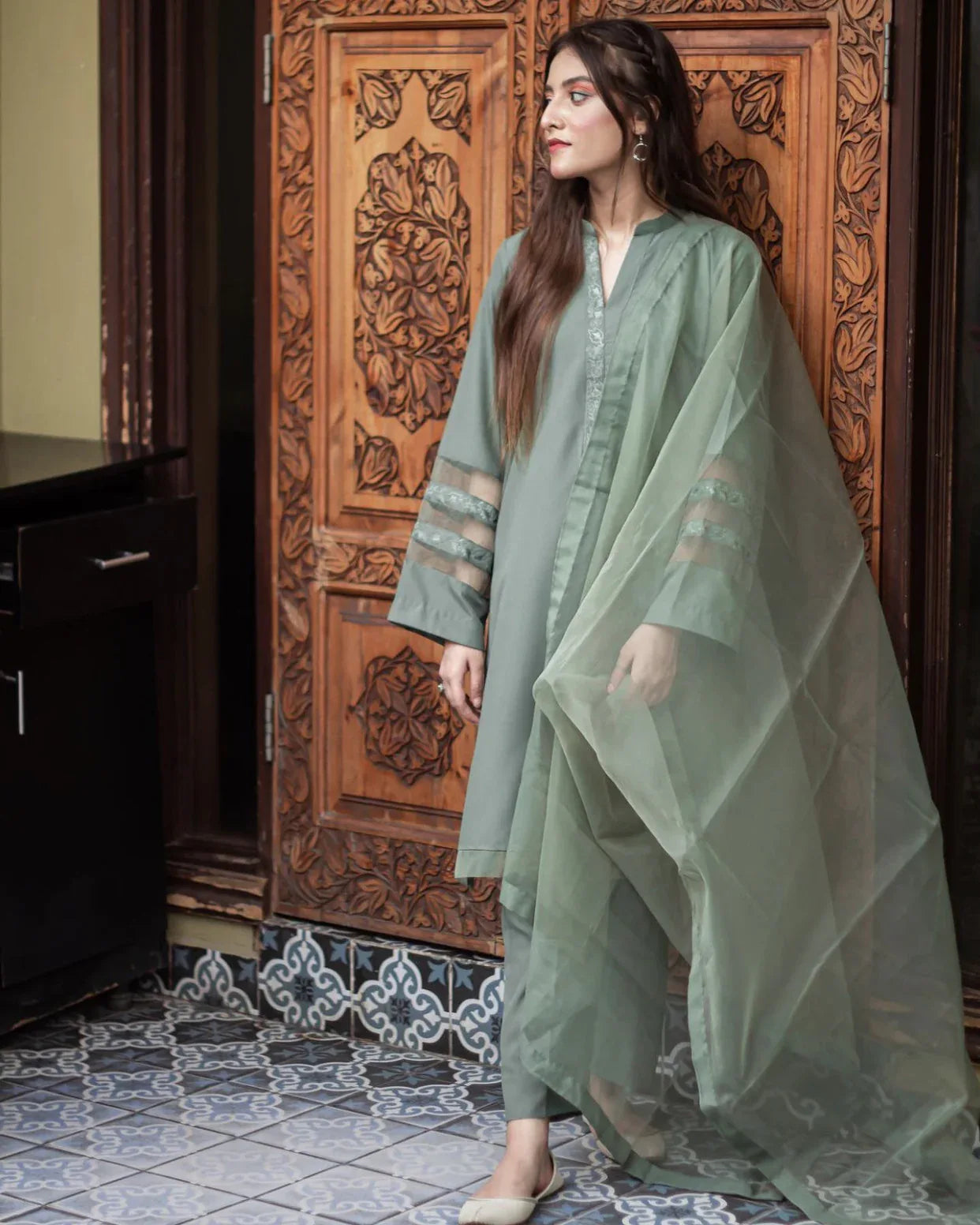 Olive Green Embroidered Georgette Pret 3Pcs M