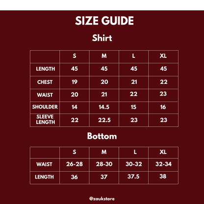 A size guide chart for apparel showing measurements for shirts and bottoms in sizes S, M, L, and XL on a dark red background. The top section lists shirt measurements including length, chest, waist, shoulder, and sleeve length, and the bottom section lists bottom measurements including waist and length.