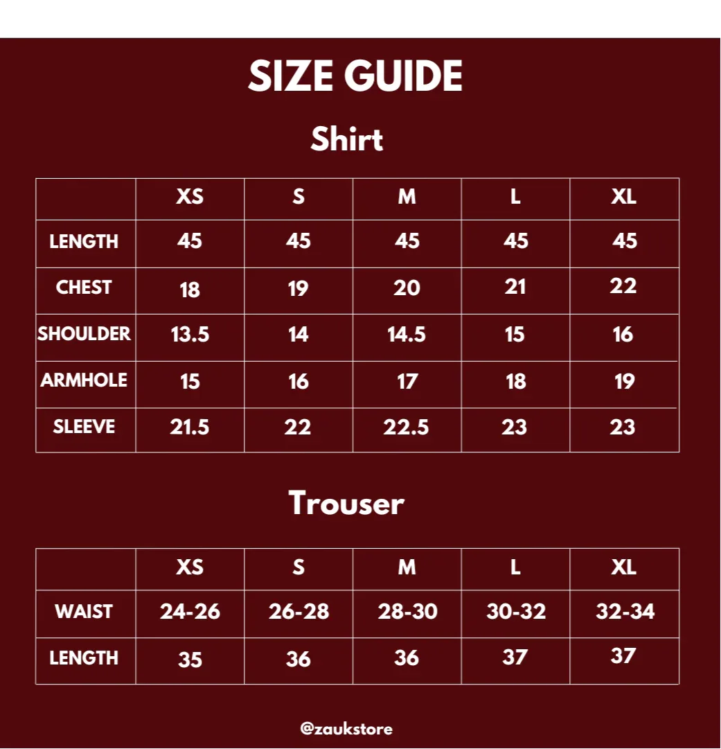 Size guide for shirts and trousers with measurements on a red background.
