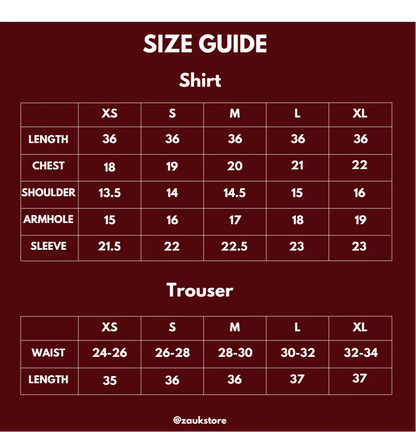 Size guide for shirts and trousers with measurements in inches on a red background.