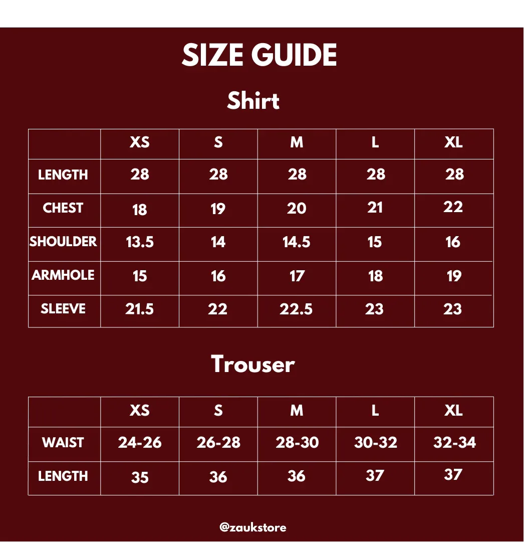 Size guide for a shirt and trouser in inches on the red background.