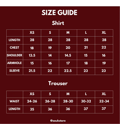 Size guide for a shirt and trouser in inches on the red background.