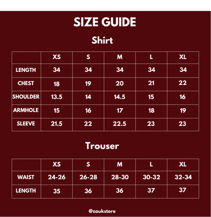 Size chart of shirt and trouser.