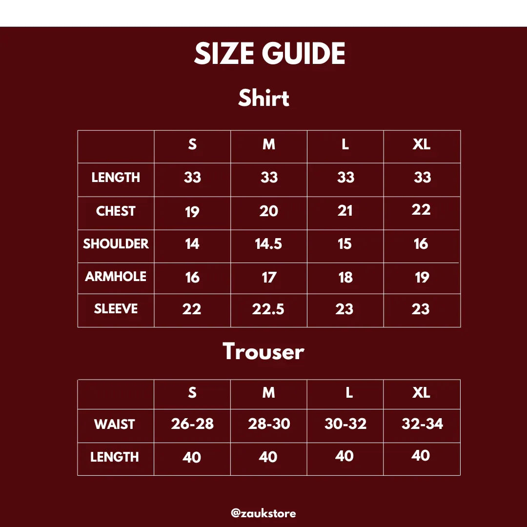Size guide for shirts and trousers with measurements on a red background