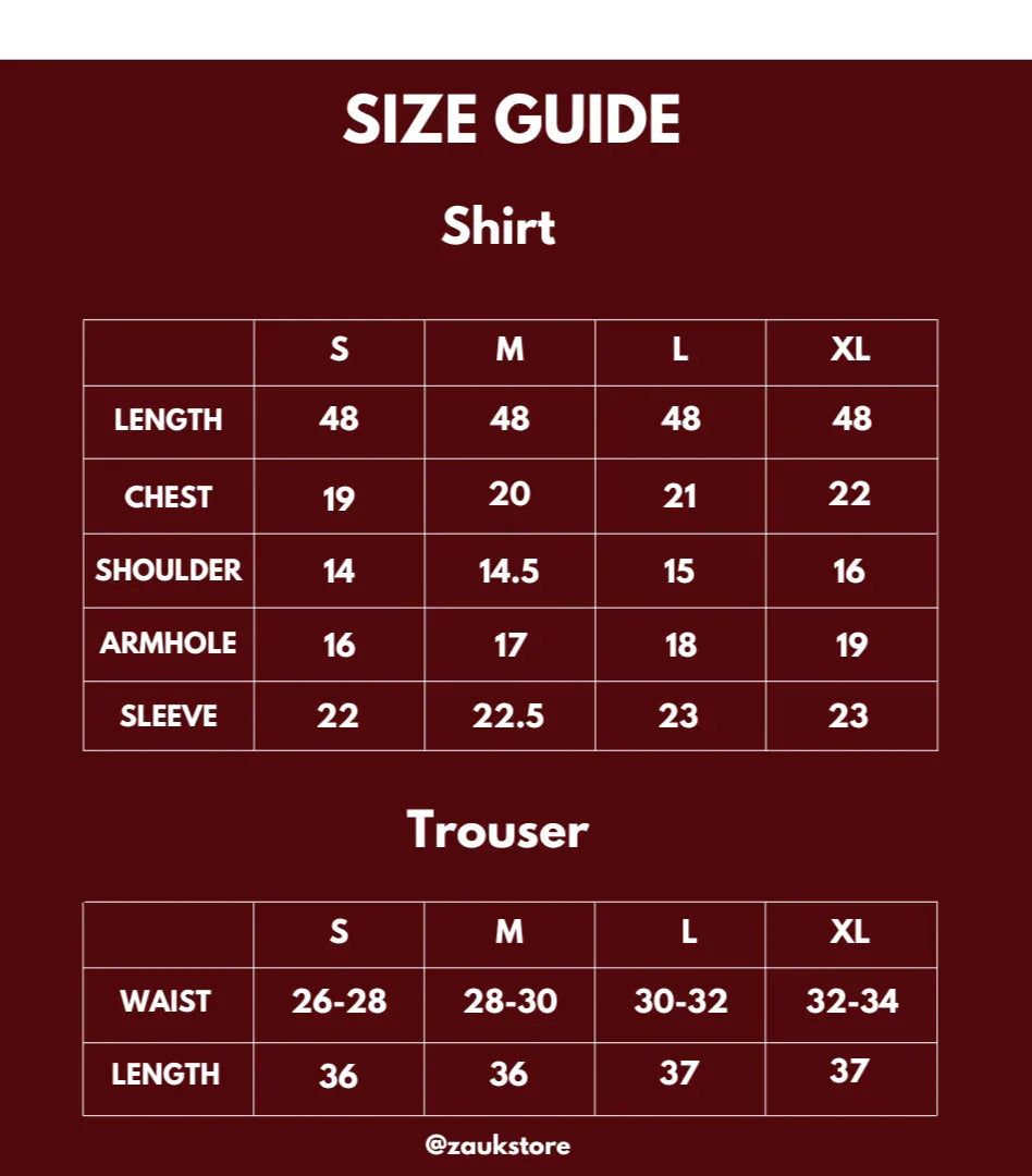 Size chart of a shirt and trouser.