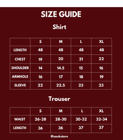 Size chart of a shirt and trouser.