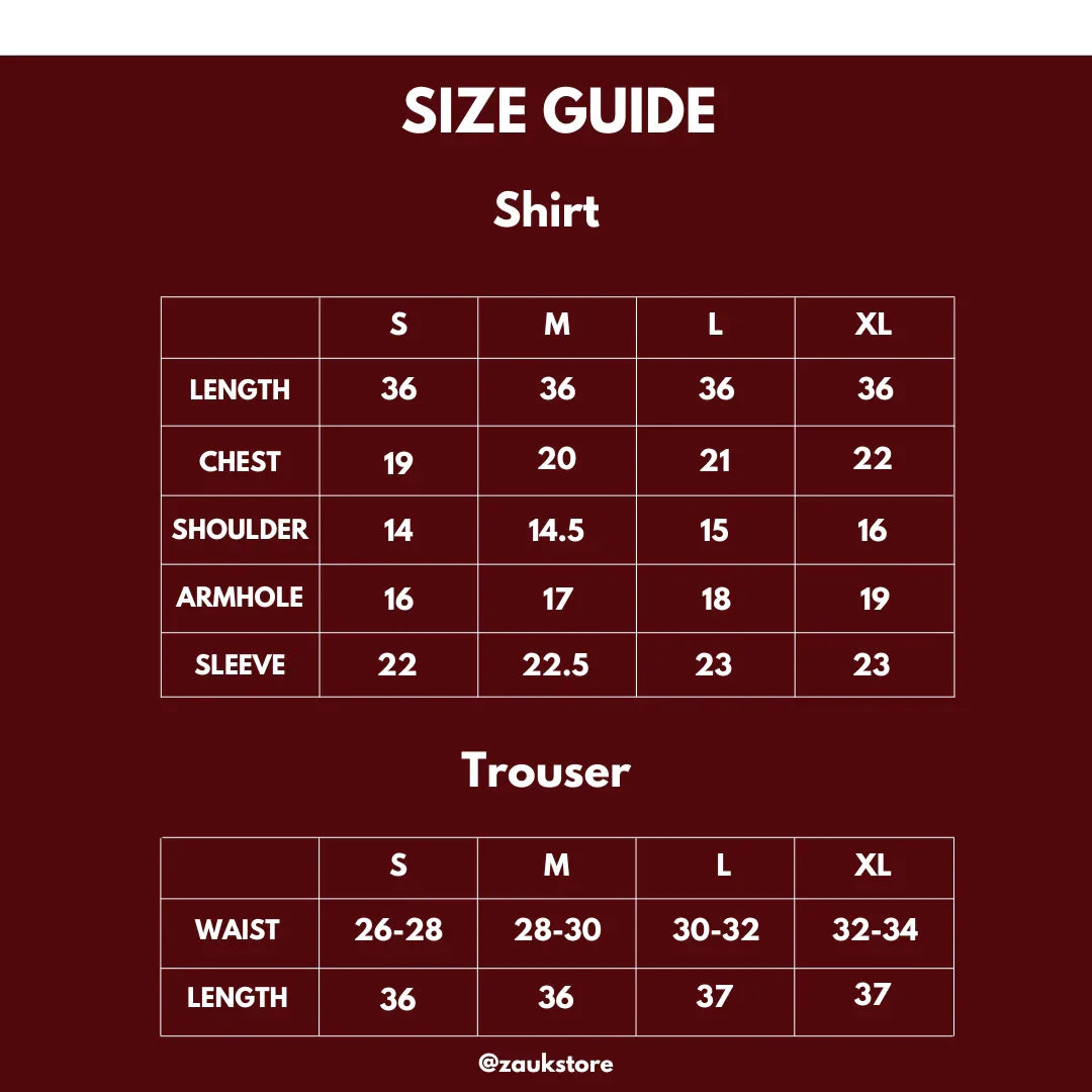 Size guide of a shirt and trouser.