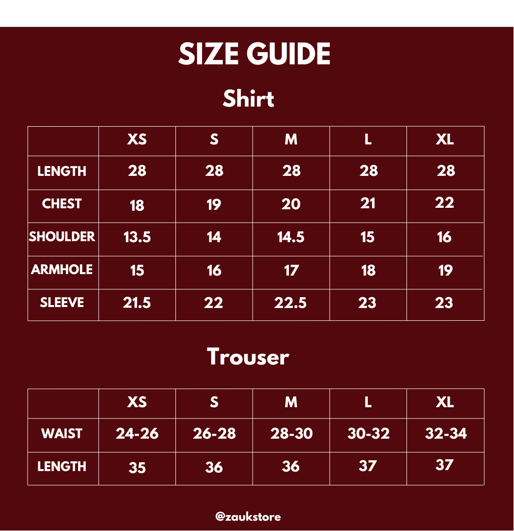Size chart of a shirt and trouser in inches.