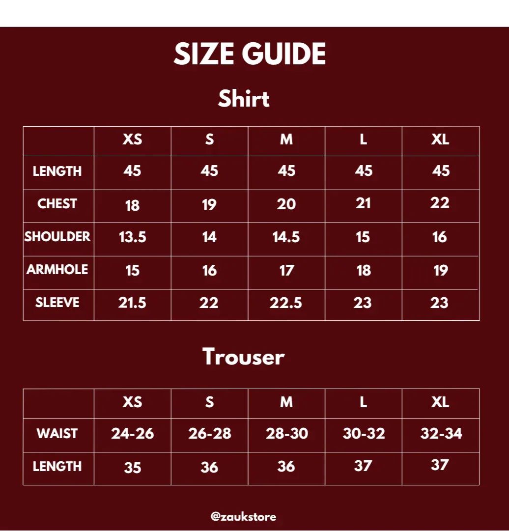 size chart of a shirt and trouser.