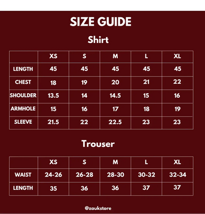 size chart of a shirt and trouser.