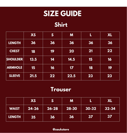 Size chart of a shirt and trouser.