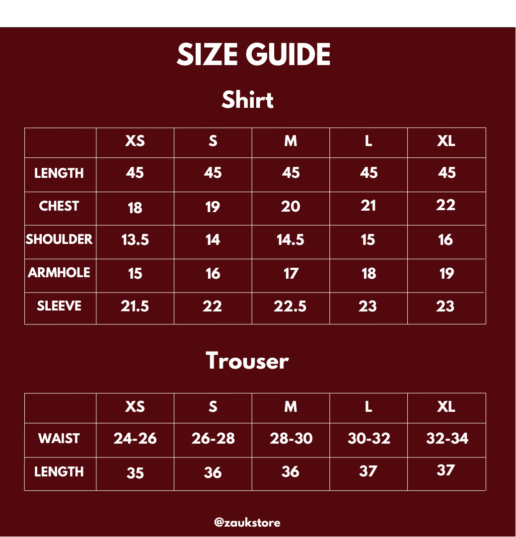 Size chart of shirt and trouser.