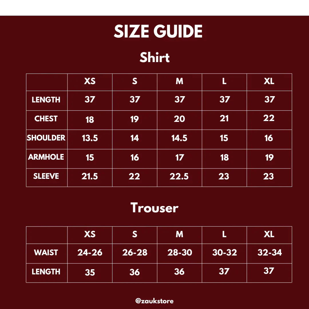 Size chart of a shirt and trouser.