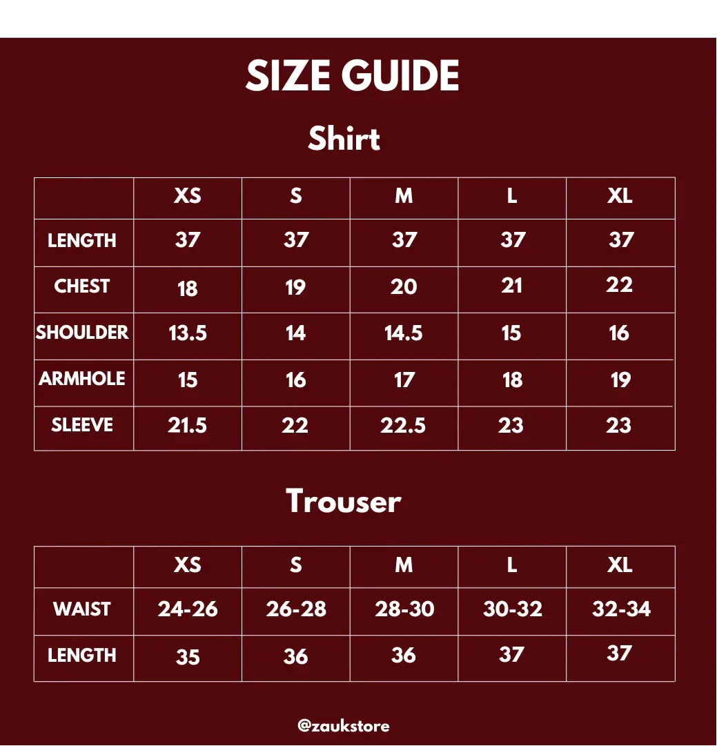 size chart of a shirt and trouser.