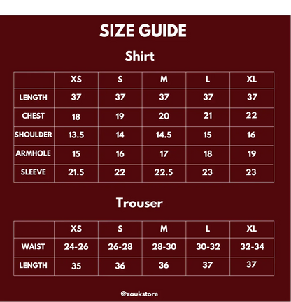 size chart of a shirt and trouser.