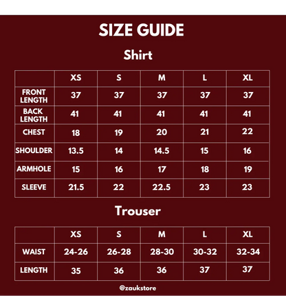 size chart of a shirt and trouser.