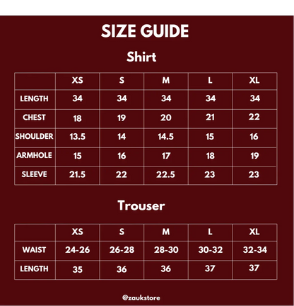 size chart of shirt and trouser.