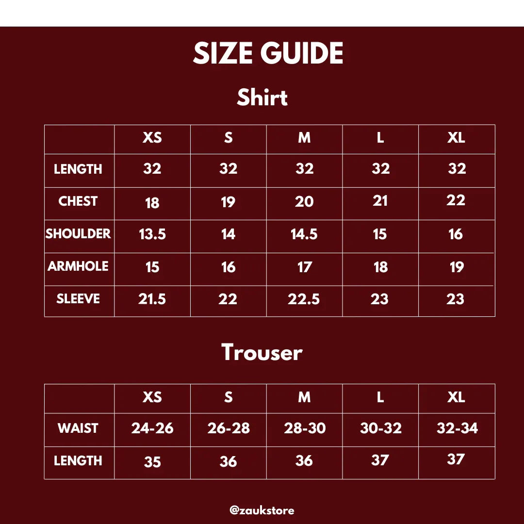 Size chart of a shirt and trouser.