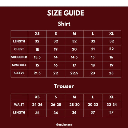 Size chart of a shirt and trouser.