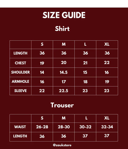 Size chart of a shirt and trouser.