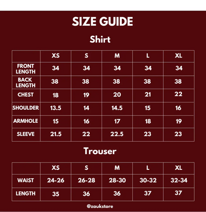 size chart of shirt and trouser.