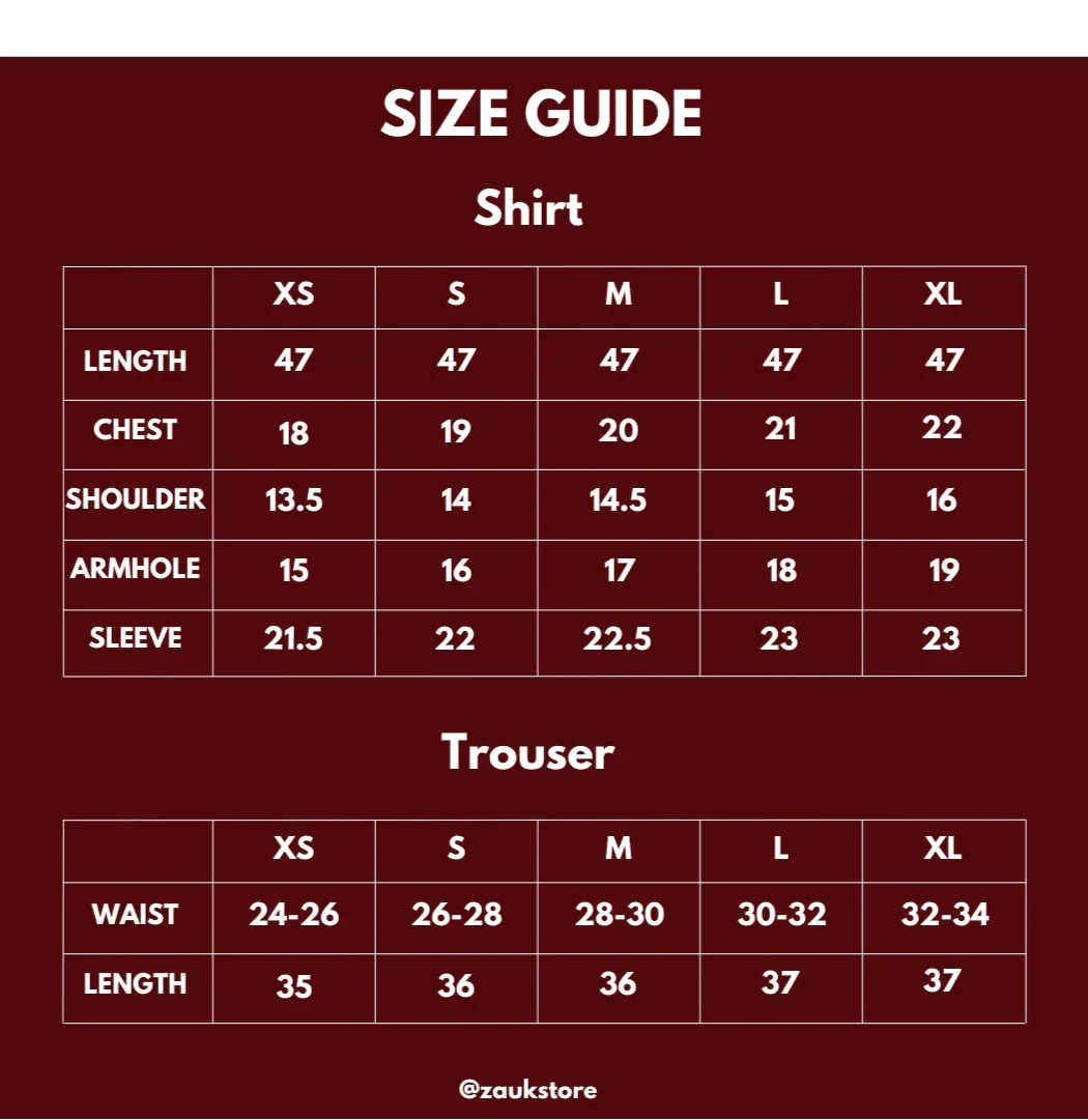 Size chart of a shirt and trouser.