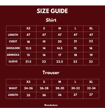 Size chart of a shirt and trouser.